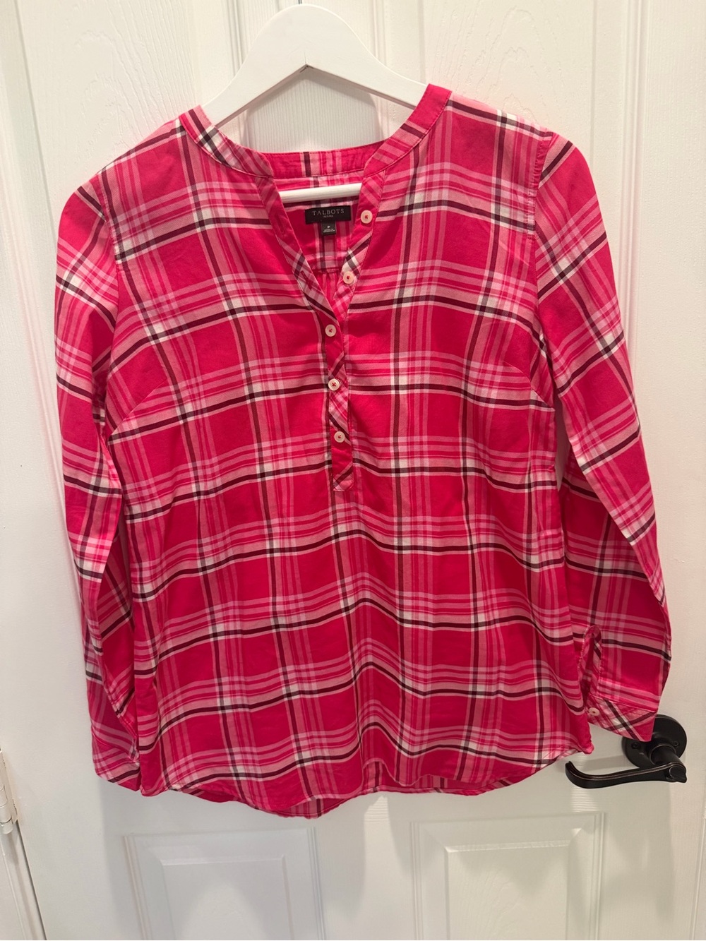 Talbots popover shirt in a pink plaid petite cotton top blouse